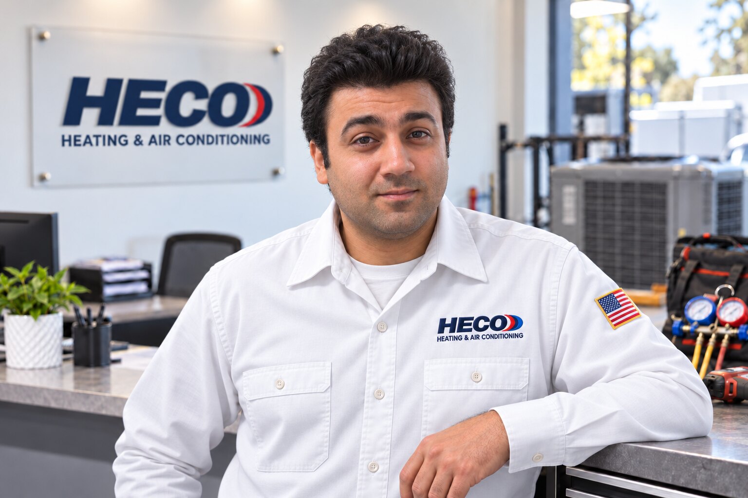 HECO Heating and Air Conditioning owner in a professional HVAC office and workshop