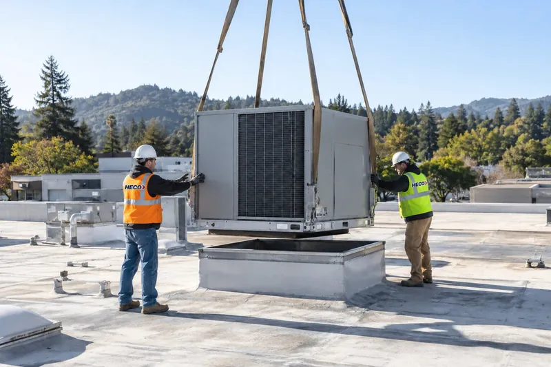 Heco crew positioning a replacement packaged rooftop HVAC unit on a commercial building