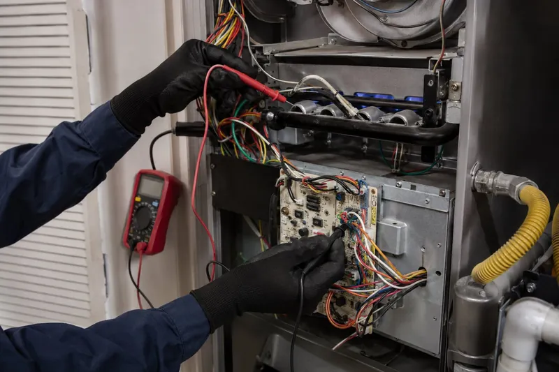 Technician checking residential furnace operation during heating maintenance