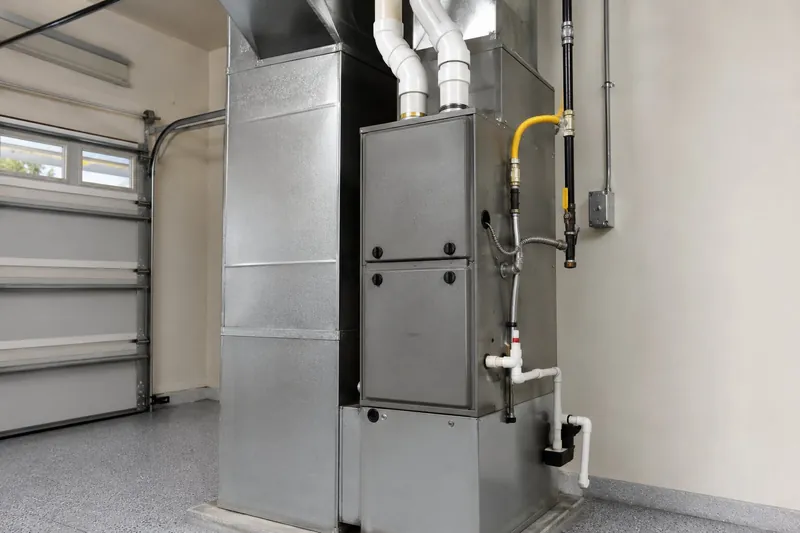 Residential high-efficiency furnace installed with supply ductwork