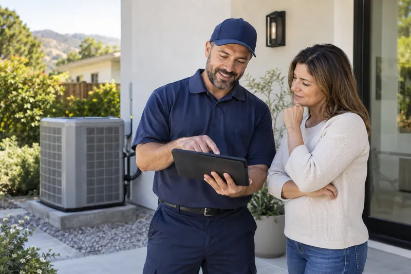 HVAC professional reviewing replacement options with a homeowner