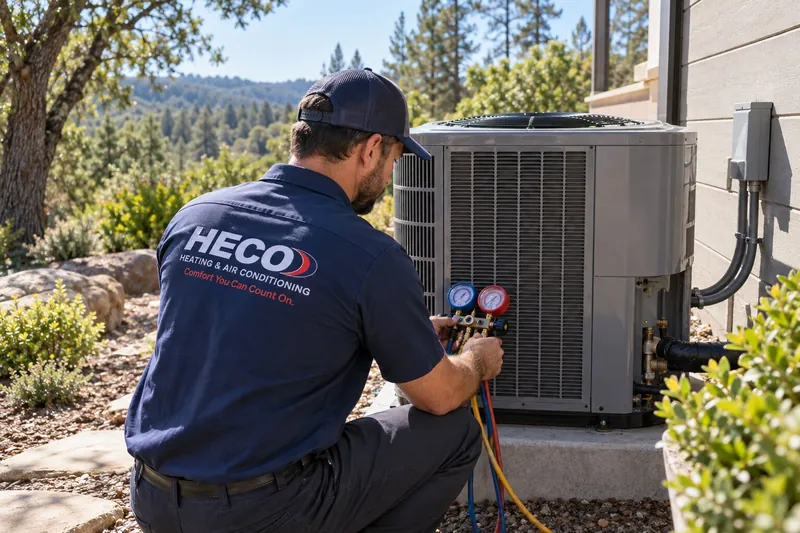 Heco HVAC technician servicing outdoor equipment for the El Dorado Hills area