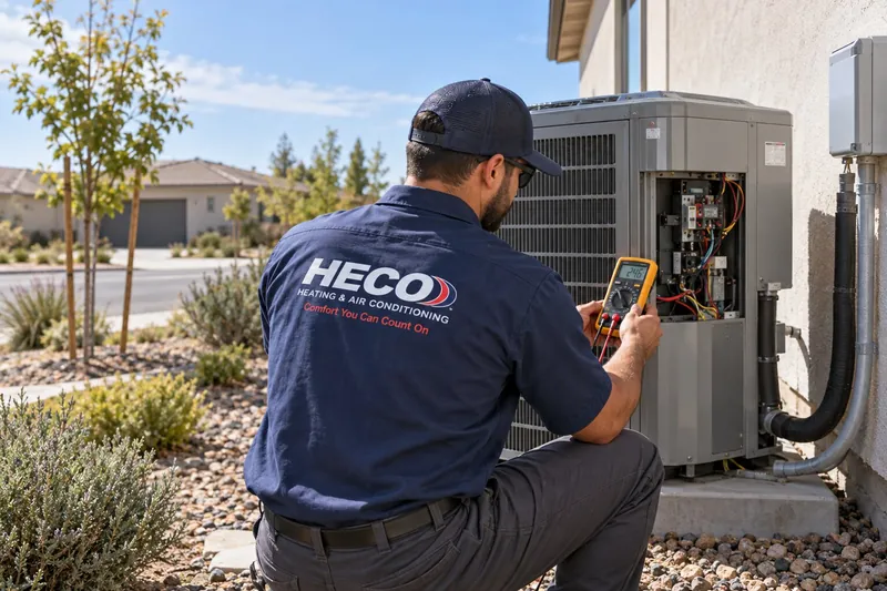 Heco HVAC technician servicing outdoor equipment for the West Sacramento area
