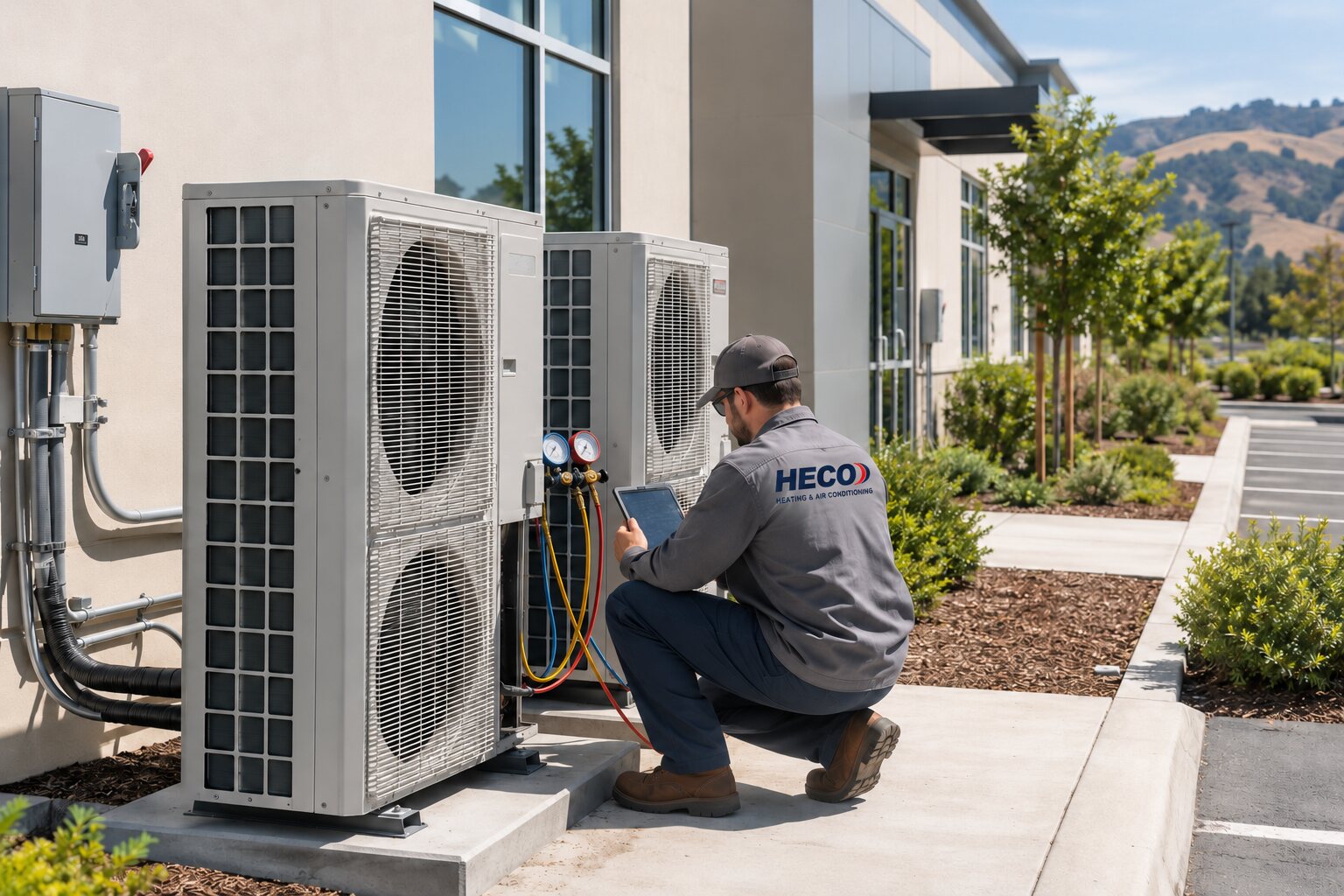 HECO technician checking commercial heat-pump equipment beside an office building