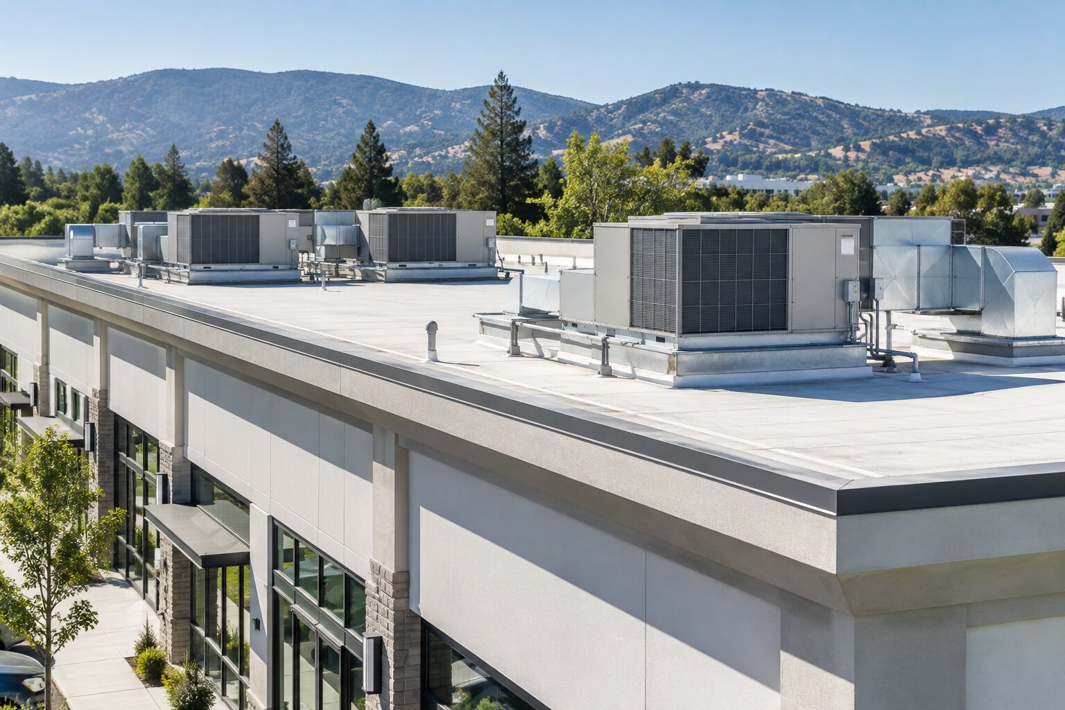 Commercial rooftop HVAC equipment on a Northern California business property