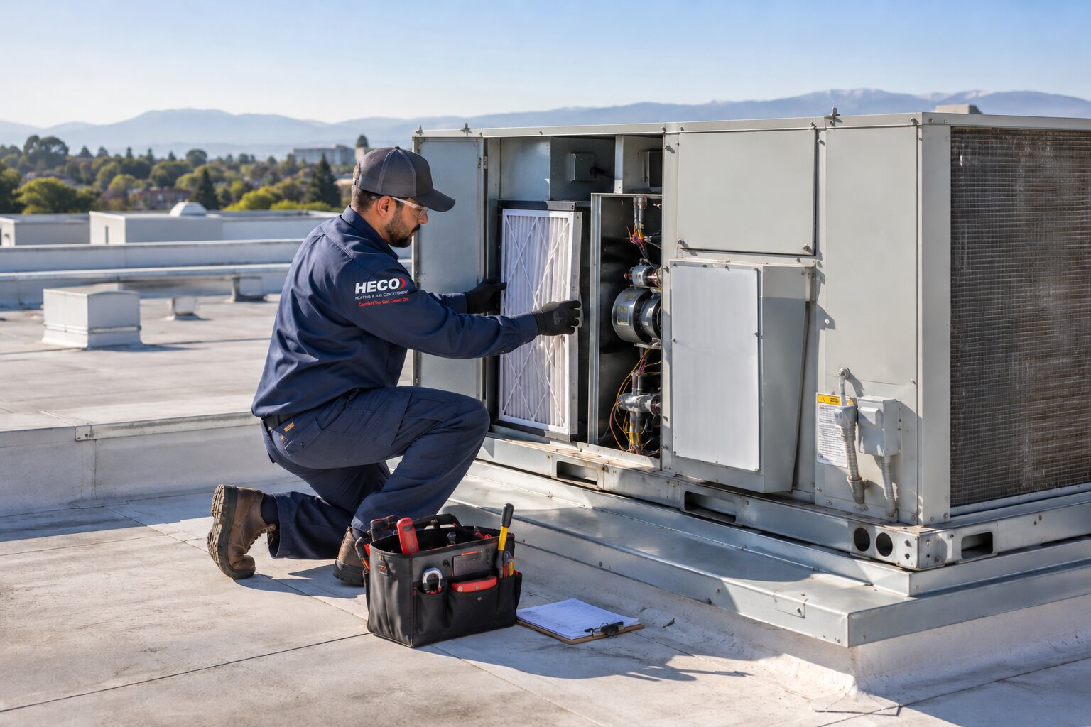 HECO technician replacing a filter during commercial rooftop HVAC maintenance