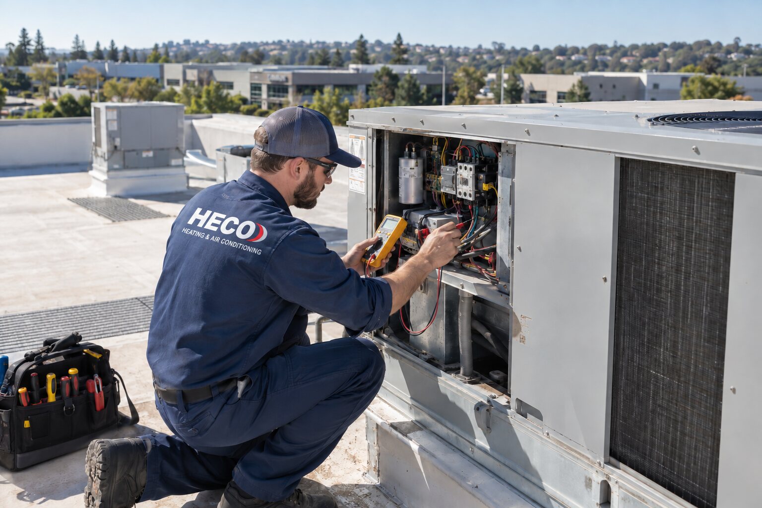 HECO technician diagnosing a packaged rooftop HVAC unit on a commercial building