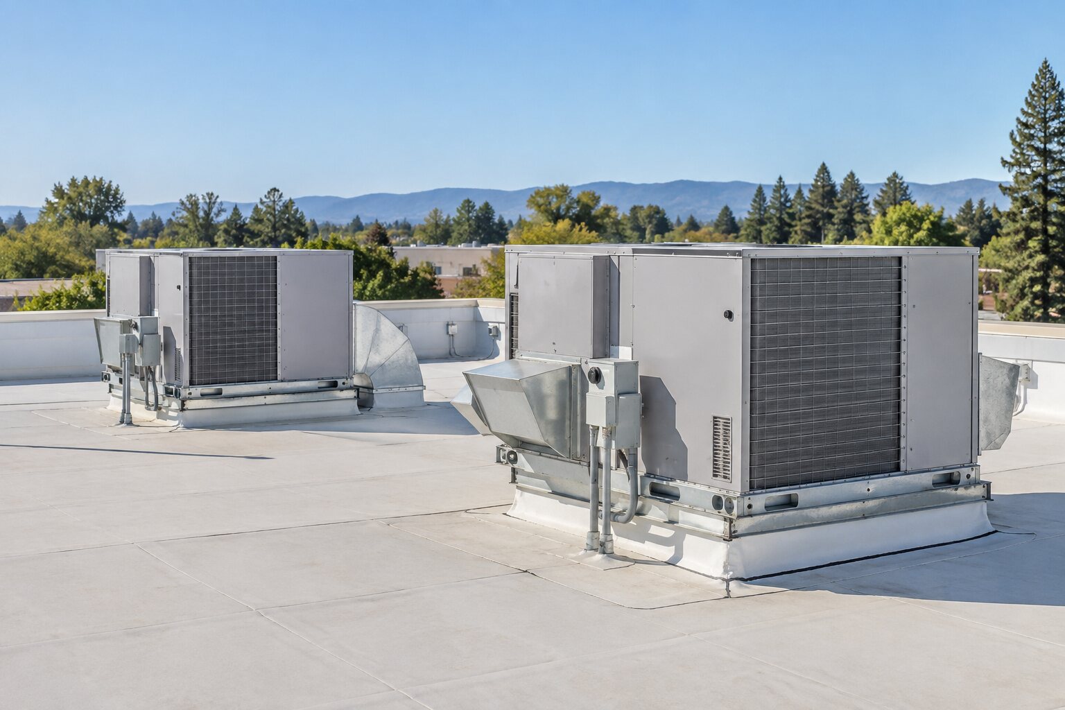 Packaged commercial rooftop HVAC units on a Northern California office building