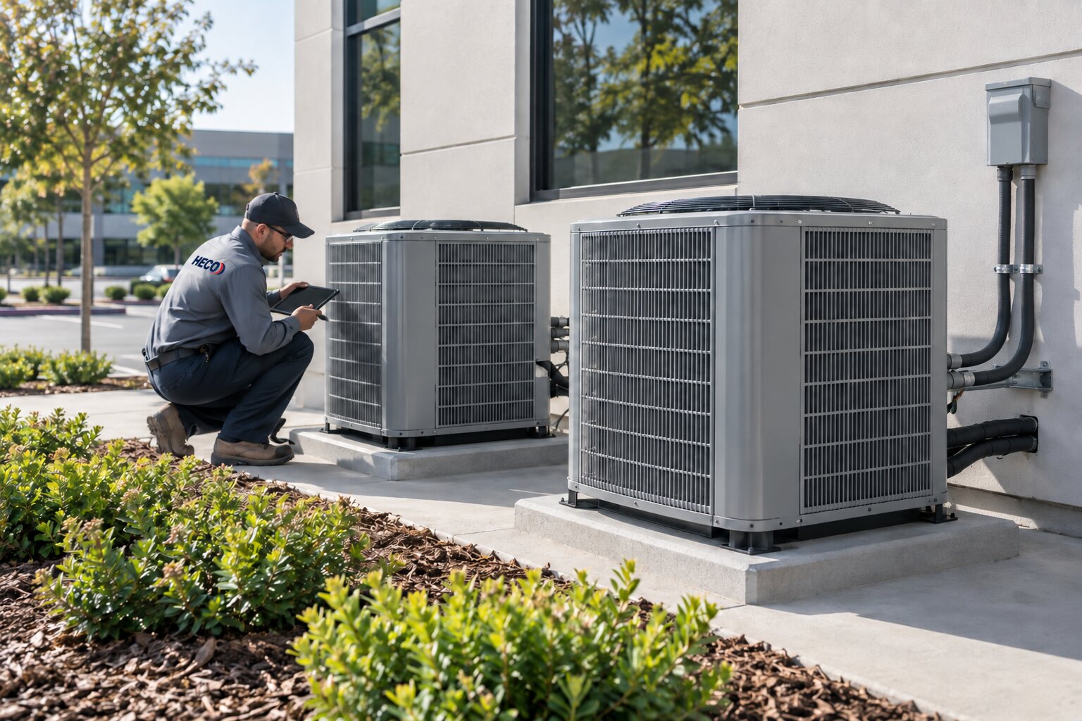 HECO technician inspecting commercial split-system outdoor equipment at an office building