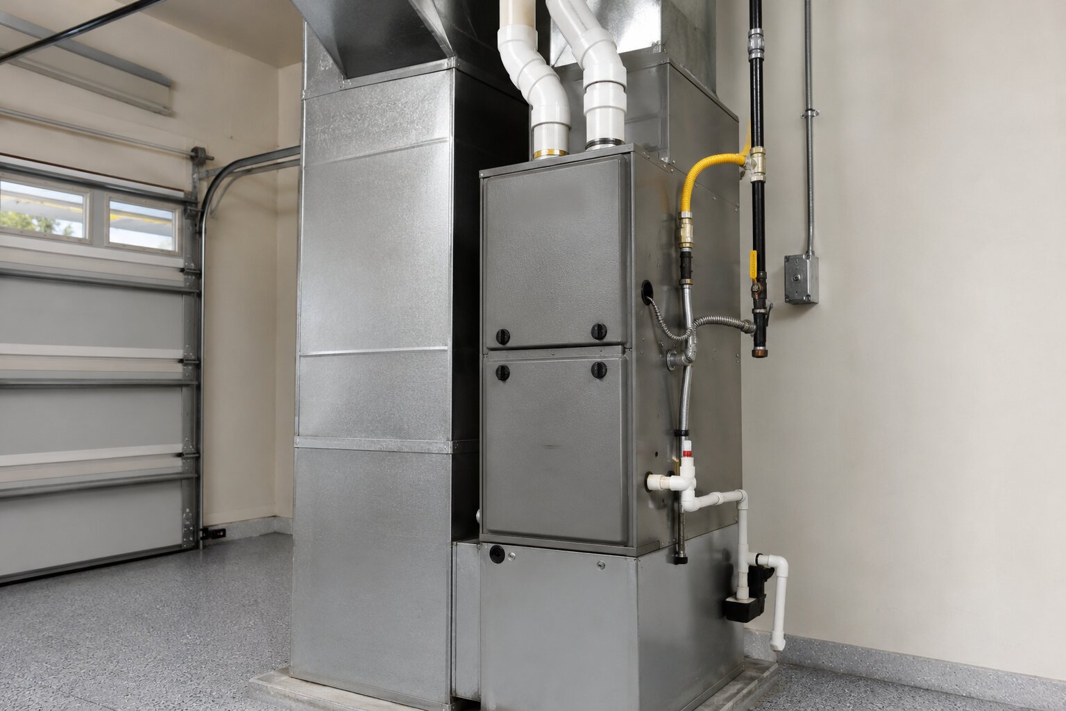 Residential high-efficiency furnace installed with supply ductwork