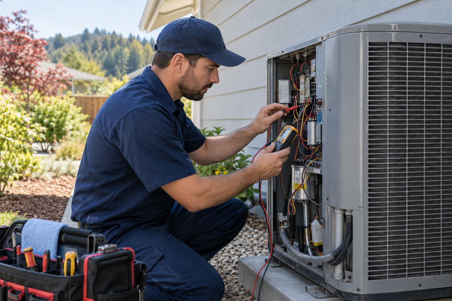 Technician performing electrical diagnostics on residential heat-pump equipment