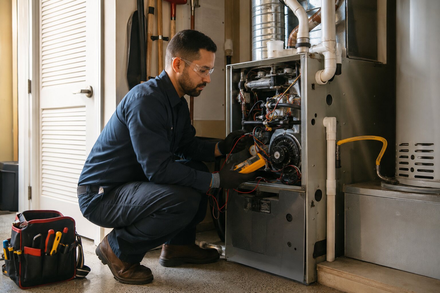 Technician diagnosing a residential gas furnace