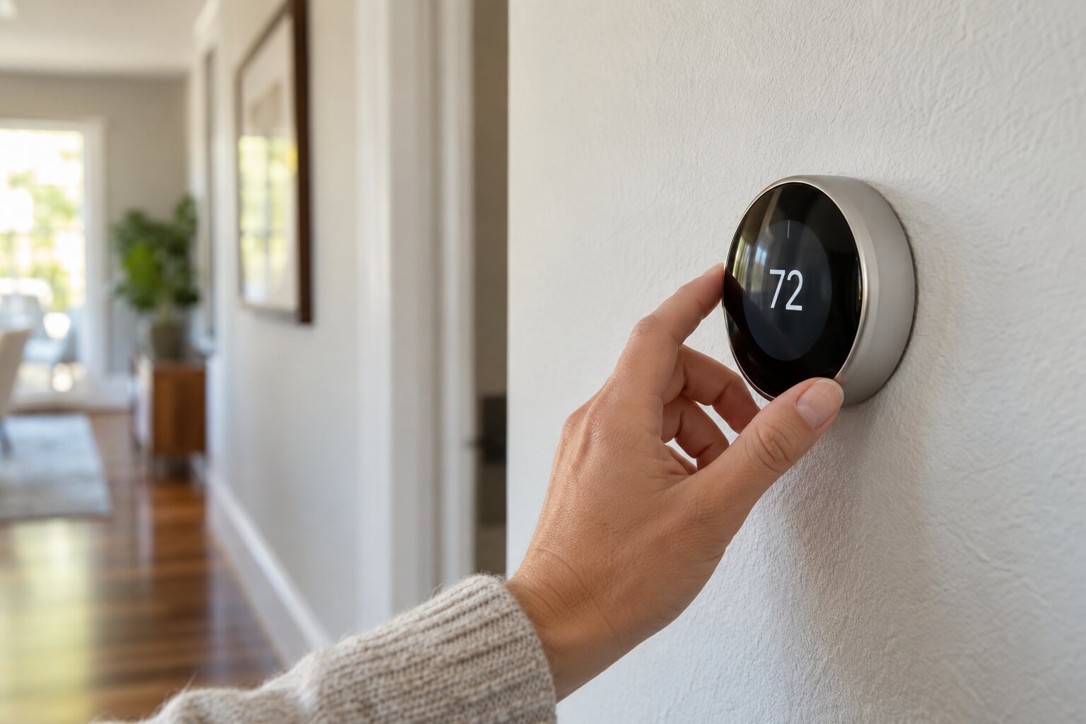 Homeowner adjusting an unbranded smart thermostat in a residential hallway