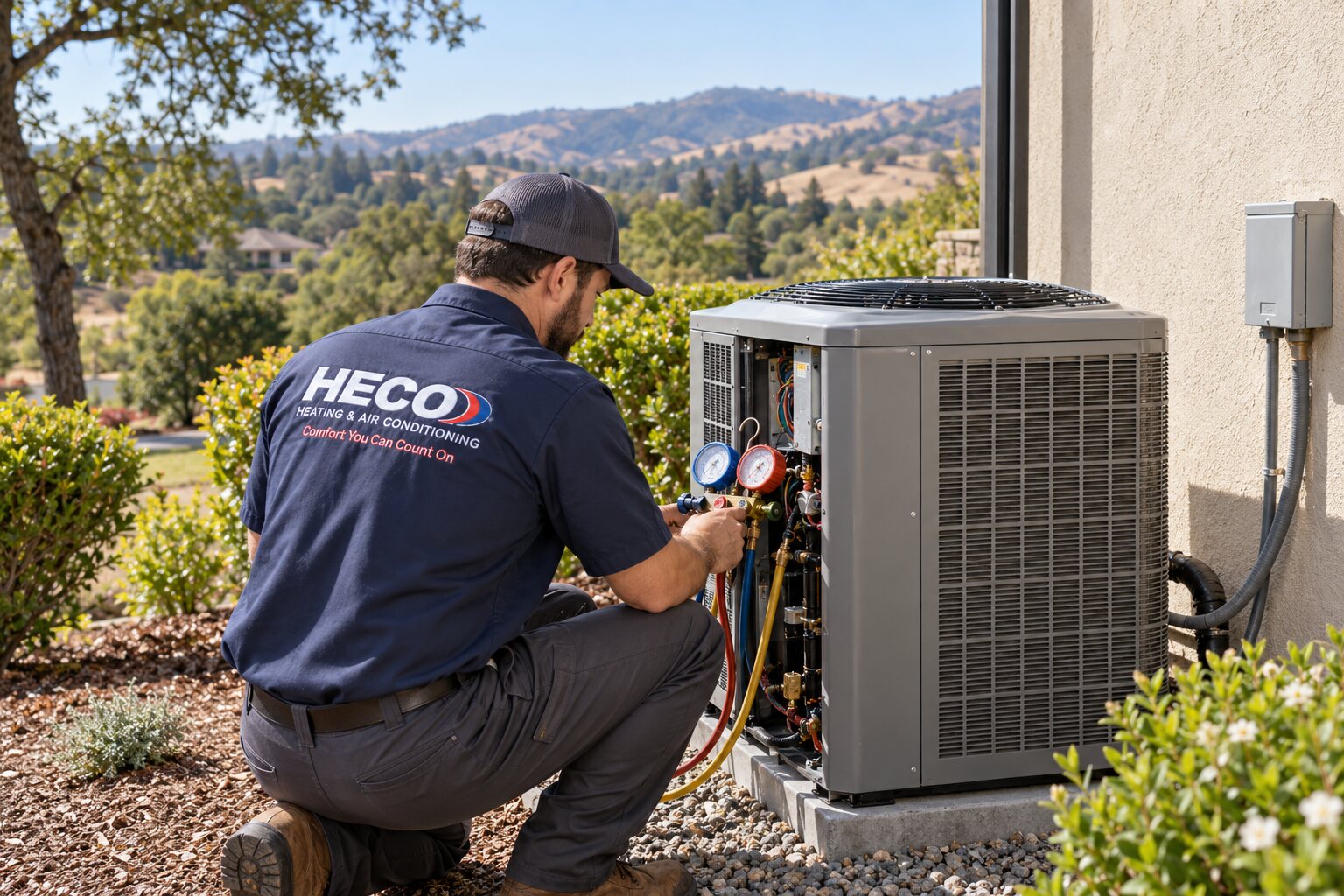 HECO HVAC technician servicing outdoor equipment for the Auburn area