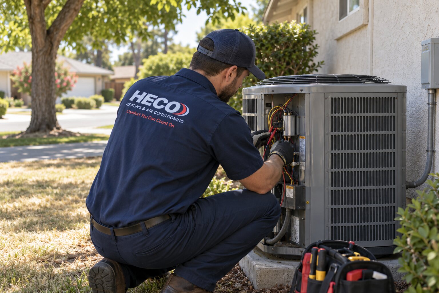 HECO HVAC technician servicing outdoor equipment for the Arcade area